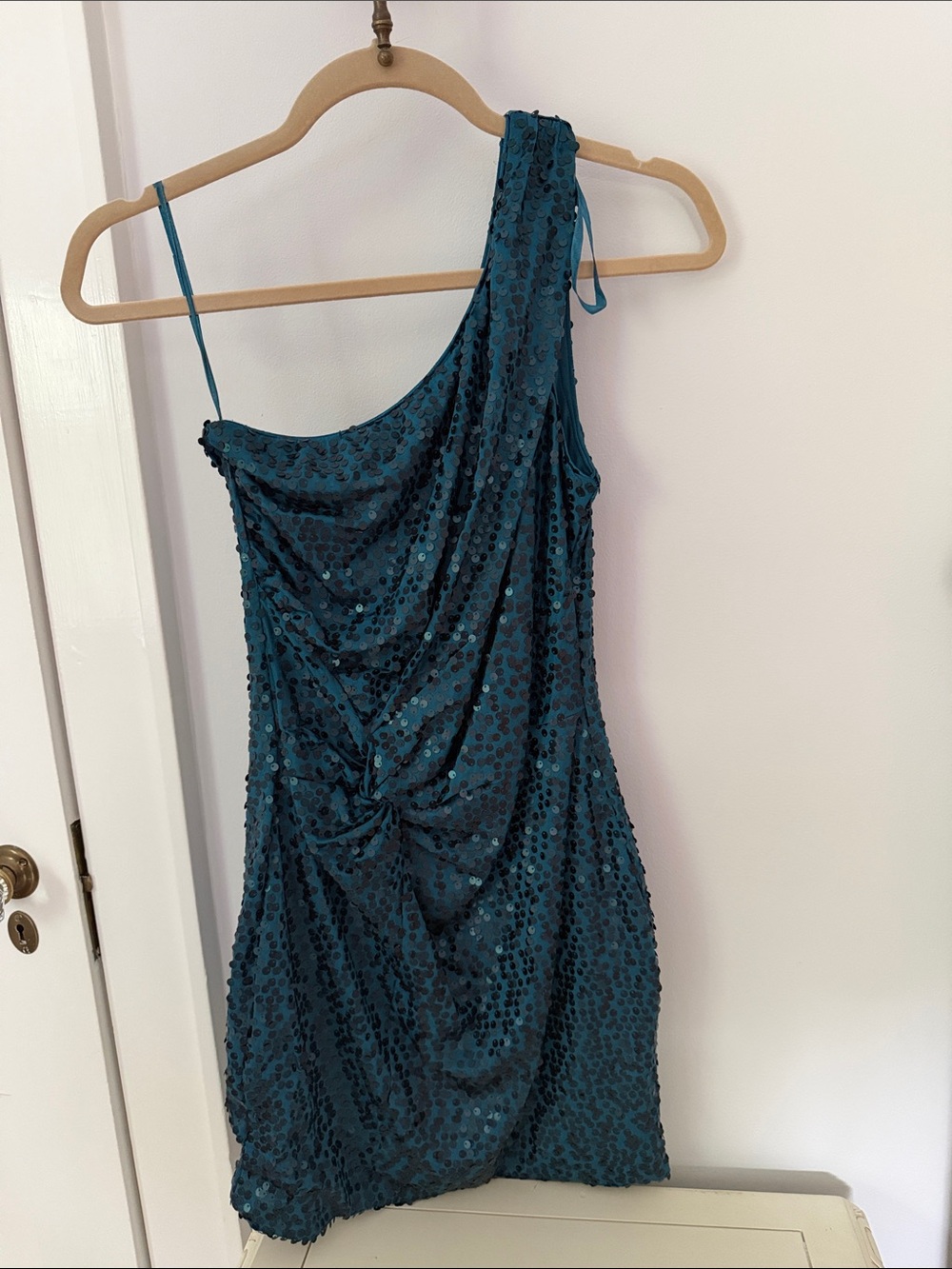 Teal One-Shoulder Sequin Draped Mini Dress